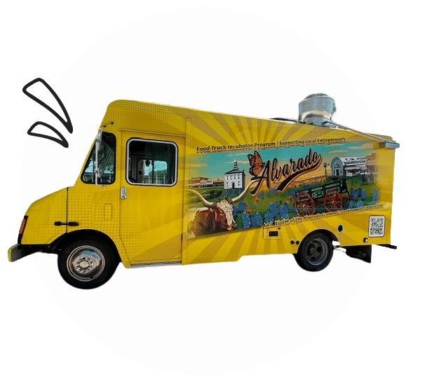 Food truck with open service window, in grayscale.